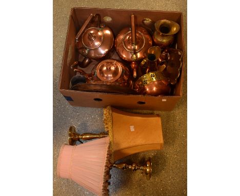 Metalware - a copper kettle, others similar; copper and brass jugs, trays, table lamps, etc