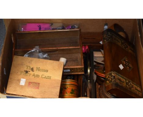 Treen - a mahogany sewing box, Tunbridge style printed decoration; a Boots Home First Aid Kit; wooden coasters; turned wooden