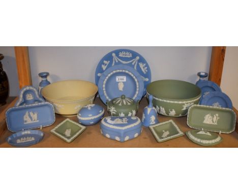 Wedgewood - a yellow Jasperware fruit bowl; another, pale green; blue plates, trinket dishes and covers, bud vases; etc.; qua