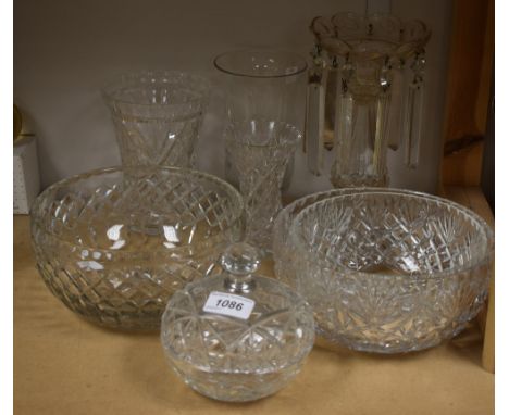 Glassware - a Victorian clear glass lustre; a cut glass bowl and cover; others, cut glass vases, fruit bowls, etc