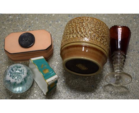 A Caithness paperweight; a shaped rectangular box, intaglio top; a New York glass goblet; etc.