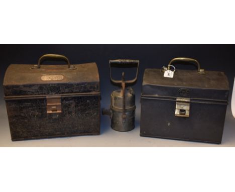 An LNER railways Premier engineering Co of Leeds acetylene lamp, impressed LNER 686127;  a tin Dobsons lunch/tool box; anothe
