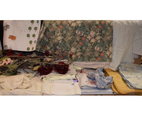 Textiles - assorted table linen, embroidered; embroidered linen pinafore; Sanderson fabric curtains; artificial flowers etc (