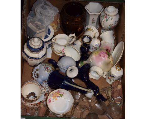 Ceramics and Glassware - a Booths Olde Willow ginger jar and lidded trinket box; a Royal Crown Derby posies pin dishes, vase,