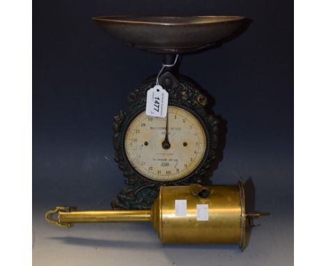 A brass meat jack; a cast iron Salter balance scale Household N0 49 (2)