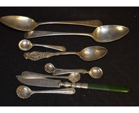 A silver butter knife, jade hafted, Birmingham 1923; a pair of Georgian silver teaspoons, London; others, salt spoons, etc