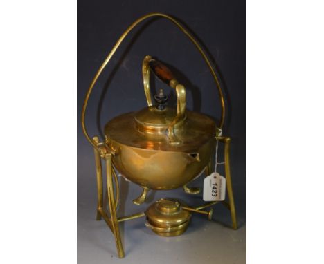 An Arts and Crafts Soutter Ware brass spirit kettle on stand, short spout, three legs, wirework frame, 33cm high, impressed m