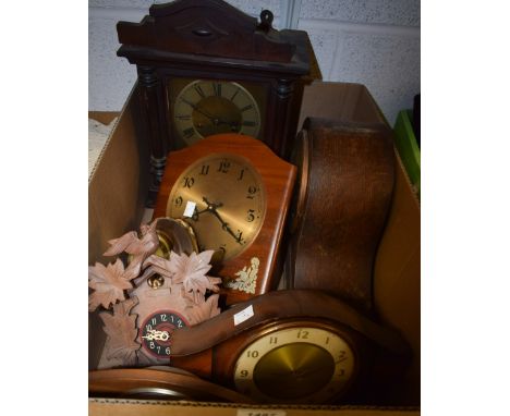 An Edwardian mahogany mantel clock; a Napolean hat oak mantel clock; others, cuckoo clock, Smiths, Westclox, etc