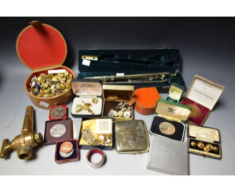 Boxes and Objects - an draughtsman's drawing tool; a spigot; cuff links, collar studs; a plated cigarette case; etc
