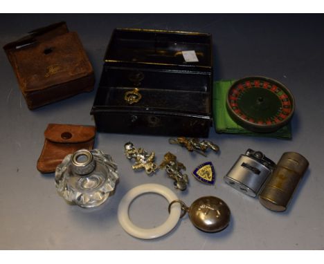 Boxes & Objects - an EPNS babys teething ring rattle;  Genuine Monte Travelling Roulette game, leather case;  enamel Butlind 