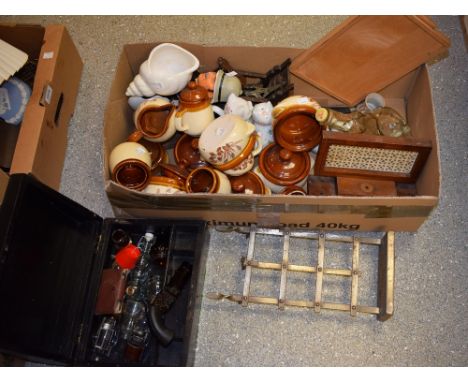 Household items - a humorous wooden tray; earthenware covered pots; a ceramic shell; a bridge marker; a plaster policeman wal