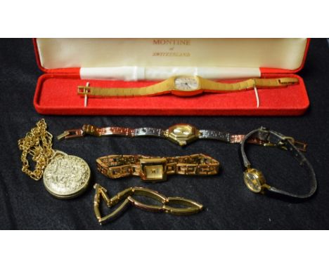 Watches - a Lady's Montine Incabloc gold plated bracelet watch, cushion dial, baton markers, 17 jewel manual wind movement, i
