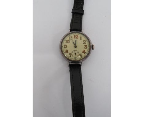 WW1 Period Silver Cased Officer's Wristwatchsilver 925 marked case with rear flip open body.  Side winding button.  White ena