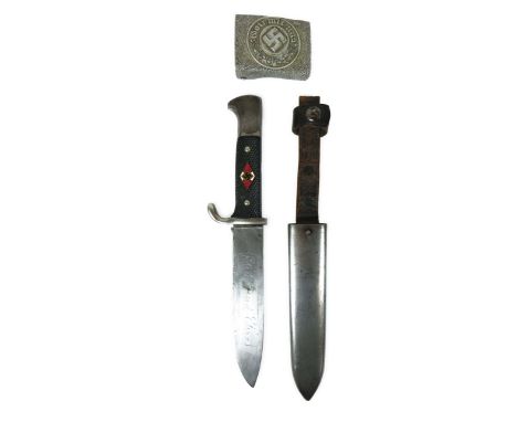 German Third Reich Hitler Youth Dagger and Fire Police Buckle5 1/4 inch, single edged blade. One side with etched motto. The 