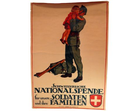 WW1 Swiss Army Recruiting Poster36 x 51 inch, coloured poster featuring a Swiss soldier holding a small girl. The base with S