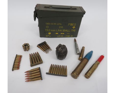 Inert WW1 Mills No 5 Grenade and Selection of Ammunitioncast fragmentation body.  Steel hinged lever secured by split pin.  L