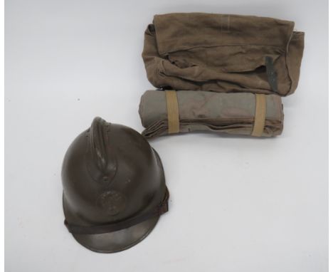 WW2 French Steel Helmet and Italian Equipmentconsisting khaki painted, WW2 pattern helmet with top comb.  Front Infantry badg