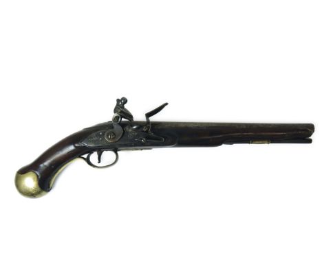 Early 19th Century Long Sea Service Flintlock Pistol22 bore, 12 inch, smoothbore barrel. Breech with proof stamps. Lock plate