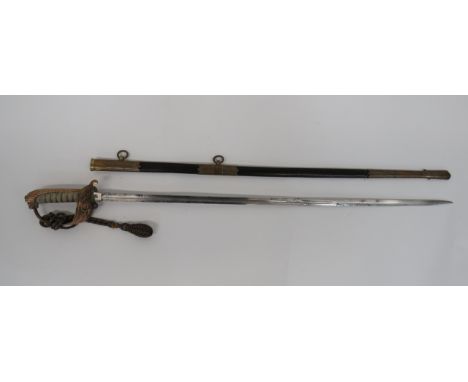 Post 1901 Royal Navy Officer's Sword31 1/2 inch, single edged, narrow blade.  Large fuller.  Etched foliage scrolls, crowned 