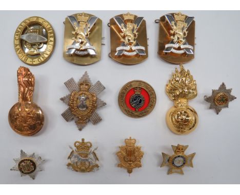 Selection of Various Badgesincluding silvered and gilt Heavy Cavalry Cambrai Band pouch badge ... QC gilt Queen Division busb