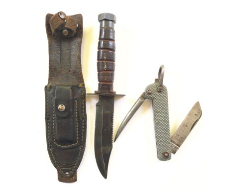 Post WW2 US Aircrew Style Survival Knife.This example with 5 inch bowie style blade with serrated back edge. Hilt with steel 