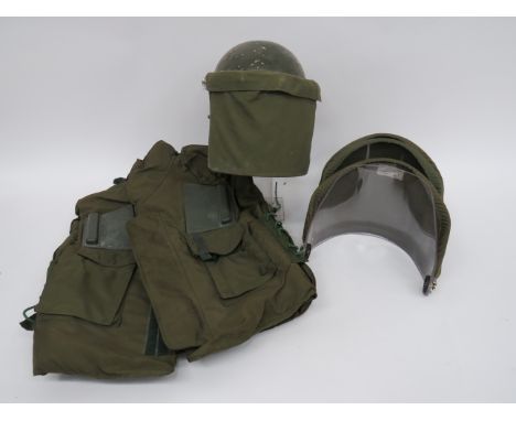 1980's British Army Riot Helmet and Flak Jacketgreen fibre, composite helmet fitted with a large perspex, flip down visor on 