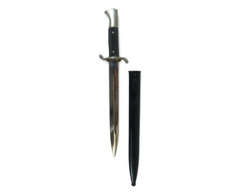 German Dress Sawback Bayonet/Sidearm9 3/4 inch, polished, single edged blade with narrow fuller. Rear sawback edge. The forte