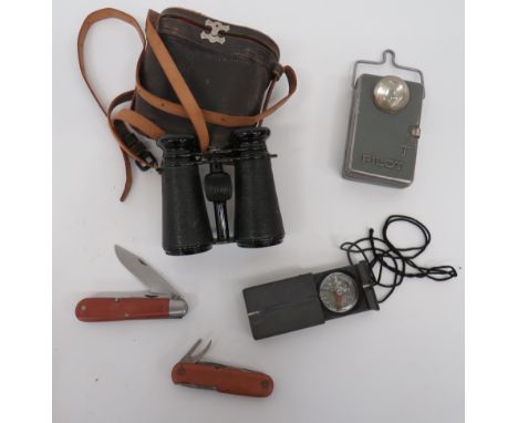 Small Selection of Swiss Equipmentincluding pair of field binoculars by 'Aster'.  Blackened frames with leather covered body.