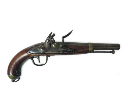 French Napoleonic War Period ANXIII Contract Flintlock Pistol9 inch, 14 bore, smoothbore barrel. The breech with faint script