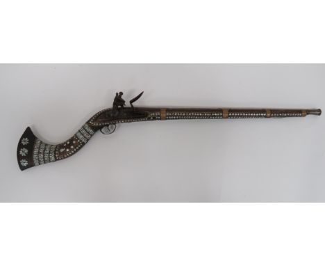 19th Century Indian Flintlock Jezail Musket28 1/2 inch barrel with swelling towards the muzzle. Rear peephouse sight. Militar