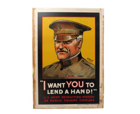 WW1 'I Want You To Lend A Hand' American Recruiting Postercolour poster depicting an American Officer in uniform over the tex