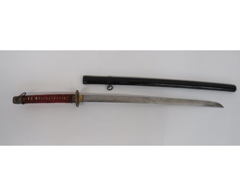 Late War Shin Gunto Sword25 1/2 inch, single edged blade.  Brass habaki.  Brass tsuba with dragon decoration.  Steel fuchi an