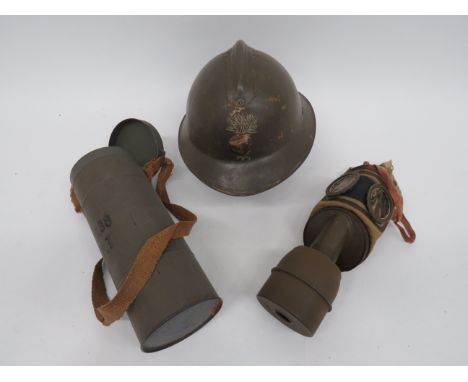 WW2 French Respirator and 'Adrian' Helmetlinen covered face piece with circular eye pieces. Short, khaki painted, lower tube 