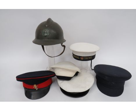 Selection of Various Caps and Helmetconsisting WW2 pattern French helmet.  Green painted crown and comb.  Front Infantry badg