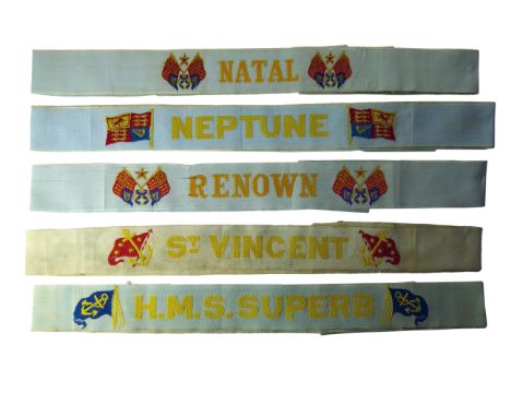 Five Rare Coloured Embroidery Naval Cap Talliesconsisting Natal with crossed standards ... Neptune with royal standards ... R