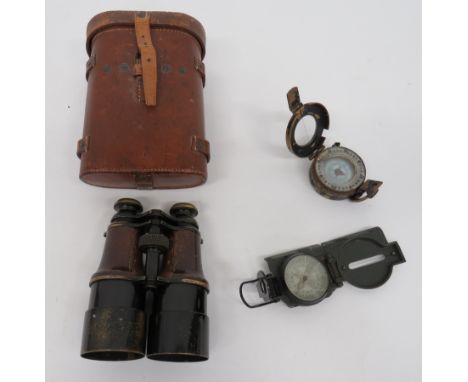 Pair of Issue Binoculars and Compasspair of MKV field binoculars, made in Paris by 'A Tubeuf'.  Blackened lenses and leather 