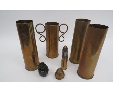 Inert WW1 Mills No 5 Grenade and Various Shell Casescast fragmentation body.  Steel hinged lever secured by a split pin.  Low