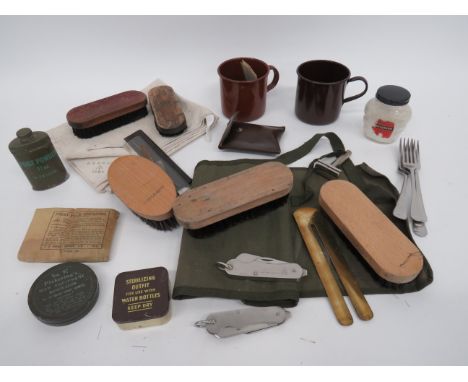 Good Selection of British Military Personal Equipmentincluding 2 x brown enamel mugs ... Issue towel ... 5 x brushes ... Bras