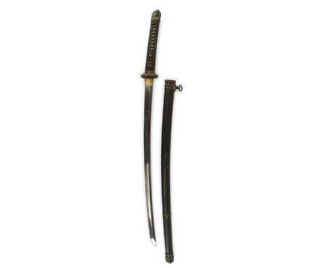 Japanese Officer's Katana Sword27 1/4 inch, single edged blade with faint hammon. Silvered brass habaki. Brass floral militar