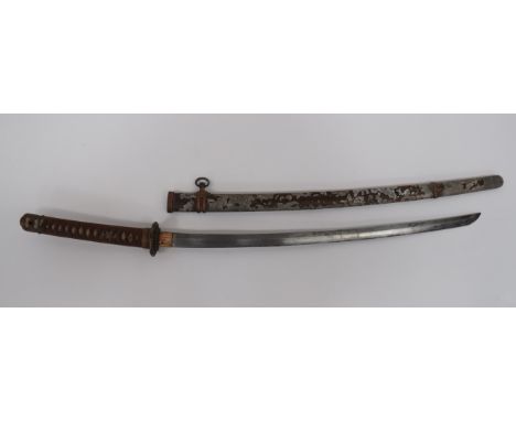 WW2 Period Officer's Shin Gunto Sword27 1/4 inch, single edged blade.  Gilt copper habaki.  Brass military pattern tsuba.  Co