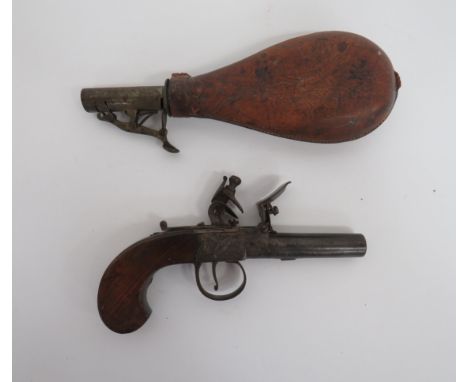 Early 19th Century Flintlock Pocket Pistol by 'Hill. London'2 1/4 inch, 80 bore, turn off barrel.  Flat side body with engrav