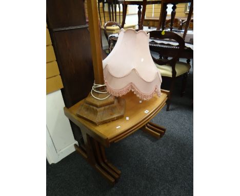 A good nest of three mid-century teak coffee tables together with a vintage polished tapering standard lamp &amp; shade