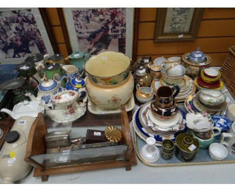 A large quantity of mixed pottery &amp; china, a glass &amp; wooden book-trough, sundry vintage razors ETC Condition Report: 