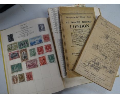 A Royal Mail vintage stamp album with approximately 20% completion, a vintage Ordnance Survey map of England &amp; Wales ETC 