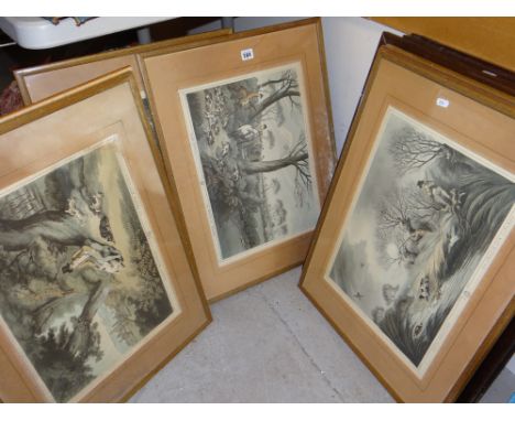 A set of seven hunting &amp; equestrian prints in lightwood frames &amp; three further similar in dark wood frames Condition 