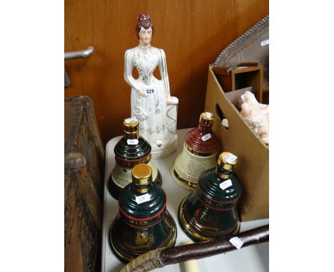 A set of four Bell's scotch whisky decanters by Wade &amp; a Staffordshire figure 'Princess May' together with two walking st