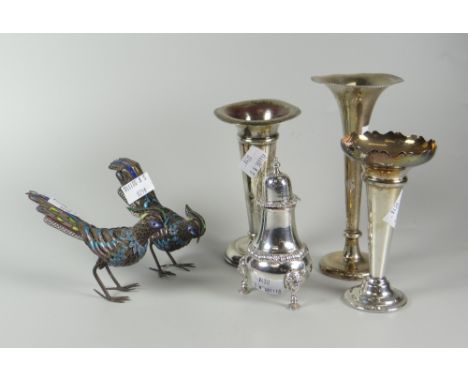 Three weighted silver trumpet vases (damage), silver pepperette and a pair of filigree enamel decorative birds Condition Repo