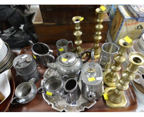 Two pairs of brass candlestick holders &amp; a parcel of EPNS ETC Condition Report: please request via email. Condition repor