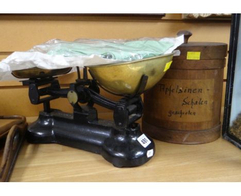 Libra Scale Company of England weighing scales &amp; weights, embroidered table cloth &amp; cylindrical box &amp; cover Condi