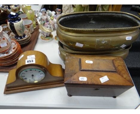 An inlaid mahogany mantel clock inscribed H B Ganz of Swansea (damage to glass bezel), an antique sarcophagus-shaped tea cadd